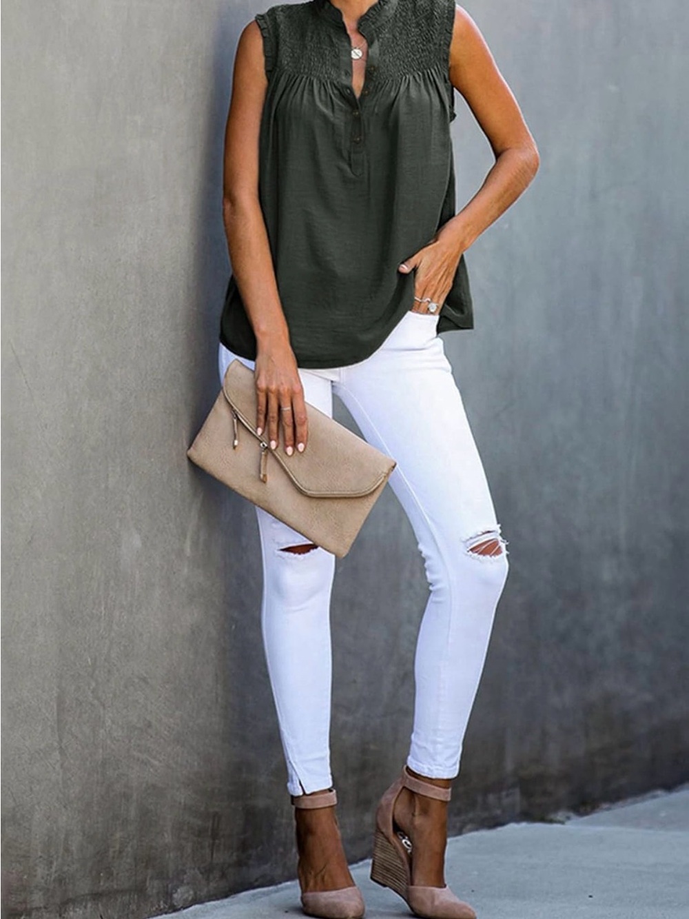 Sleeveless Smocked Yoke Top in Dark Olive